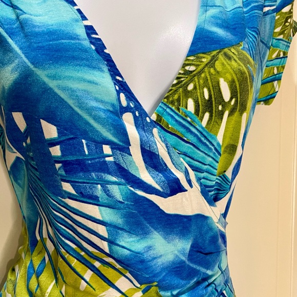 Cache Blue and Green Dress Tropical Leaf Ruched Bodycon Faux Wrap Size Small - Picture 7 of 9